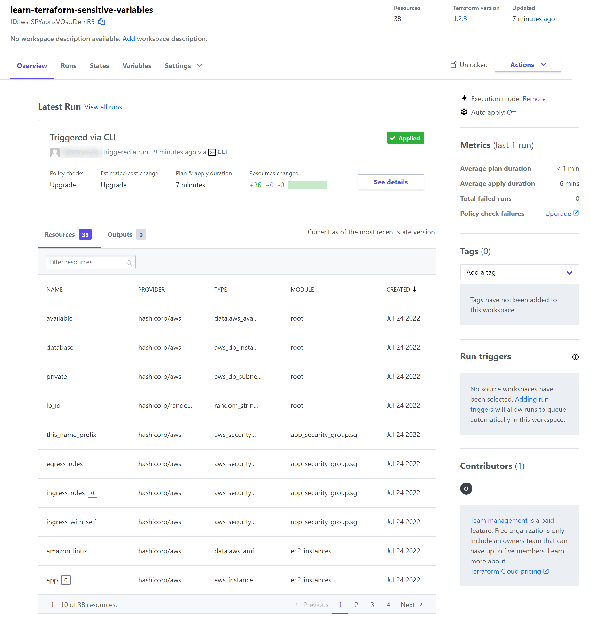 Terraform workspace resource overview